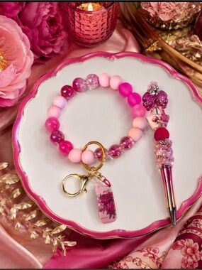 Hand Crafted Beaded Wristlet Keychain & Pen Set with Inspired Charms